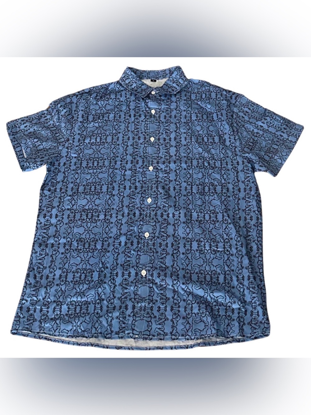 Reflecting Dancing Bear Print Short Sleeve Button Down Shirt | Blue | Size L